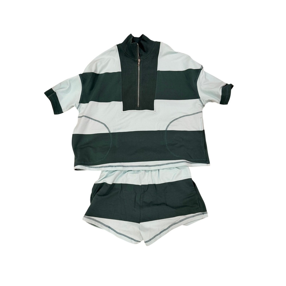 Yanekop Womens 2 Piece Outfits Summer Striped Lounge Set Green Mixed XS Half Zip